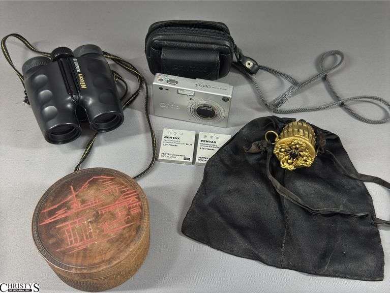 Nikon Travelite III Binoculars9X25, Pentax Optio Digital Camera with Case, Black Expandable Gate Top Bag and a Japanese Wooden Compote with Lid image