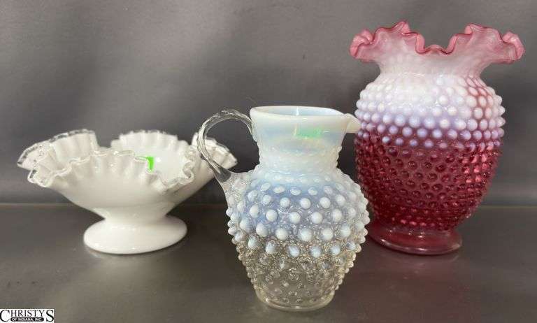 3 Fenton Hobnail and Ruffled Edge Glass Vase, Bowl, and Small Pitcher - 8" of vase image