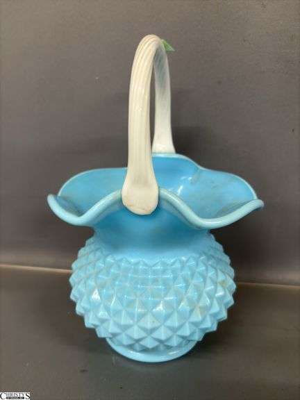 Green UV Reactive Depression Basket, Milk Glass, Blue and Tallest 10"