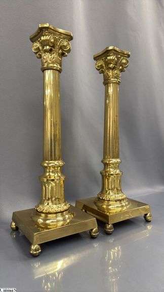 Two Brass Column Style Candle Sticks With Square Bases 16.5" 16.5"