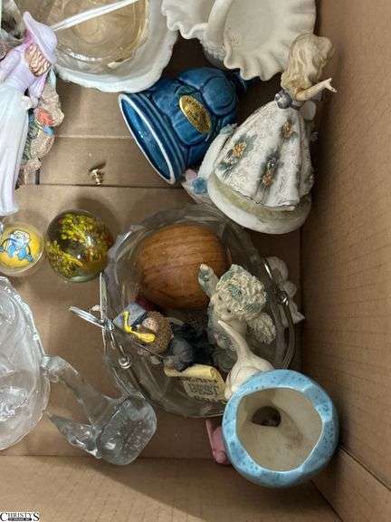 SKID of Boxed Lots, Garden Statue, Parlor Chair Plant Stand, Angels, Ornaments, Bells, Milk Glass Baskets, Figural Bells, Frames, Art Glass Paperweights, SKID is Not Included