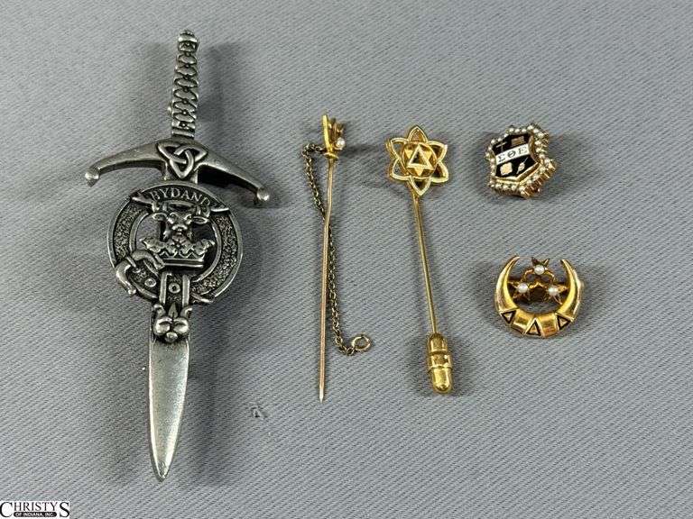 Sorority / Fraternity Pins- Tri Delt Pin, Sigma Theta Epsilon Fraternity Pin, Greek Golden Circle Stickpin, Tri Delt Sorority Stick Pin with a Small Pearl and a Scottish Family Clan Crest Pin image