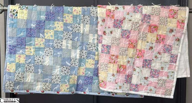 2 Baby Quilts, Hand Tied Pink and Blue Patchwork 48x40" image