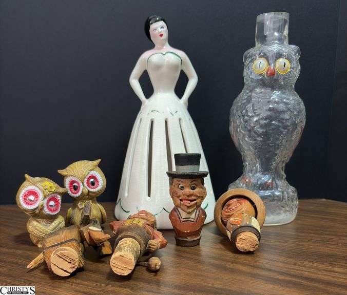German Wooden Decanter Stoppers (Some Damage), Porcelain Lady Napkin Holder, Glass Painted Owl Decanter (no stopper), Plastic Owl Salt and Pepper - 9.5" of lady image