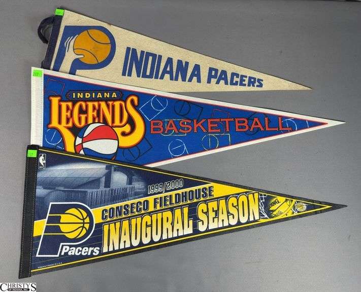 3 Basketball Pennants.  Indianapolis Pacers, 1999/2000 Conseco Fieldhouse Pacers Inaugural Season and Indiana Legends Basketball Pennant image