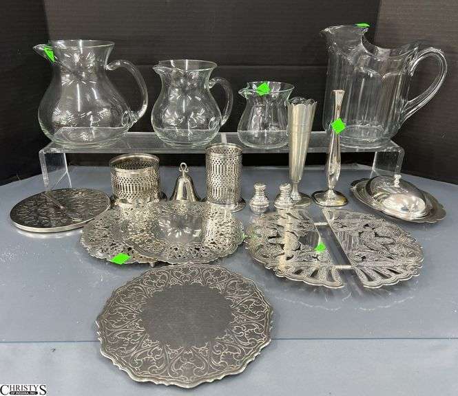Silver Plate Covered Butter, Bell, Bud Vases, Salt and Pepper, Trivets, Clear Glass Juice Pitchers image
