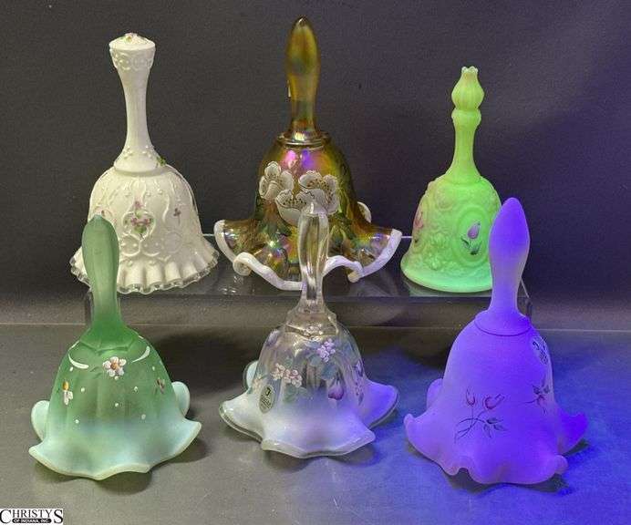 6 Handpainted Glass Bells - Fenton and Others - 6.5" of tallest image