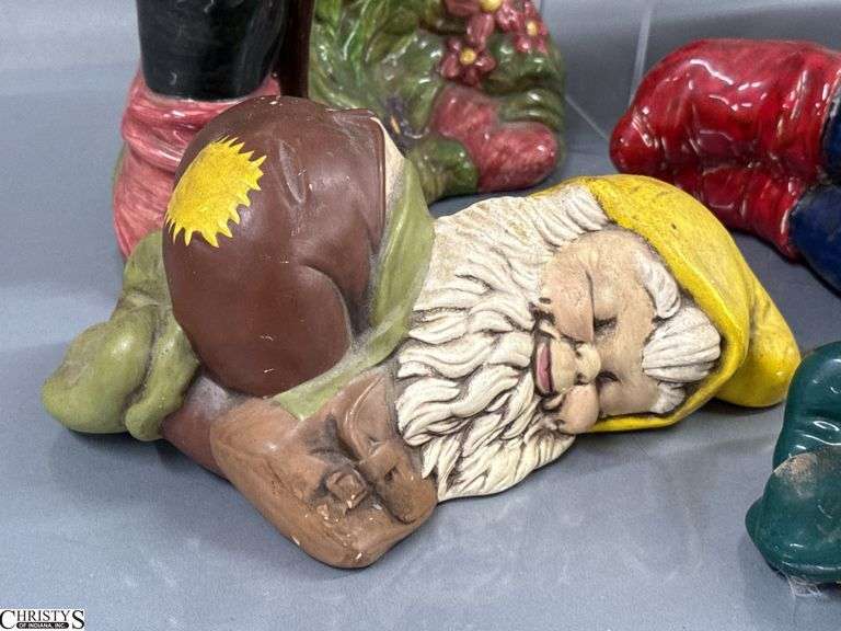 7 Garden Gnomes Tallest 17", Some Concrete Filled, One Composite, Some Chips and Wear