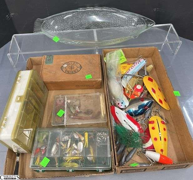 Fishing Tackle, Lures, Some Large, Glasbake Fish Platter 18" Long image