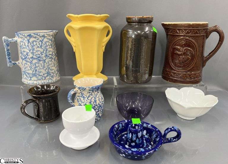 Brown Salt Glaze Molded Stoneware 8" Pitcher Eagle Has Small Chip, Pottery Style Pitchers, Crock, Chamberstick, Yellow Double Handle Haegar Vase 9", image