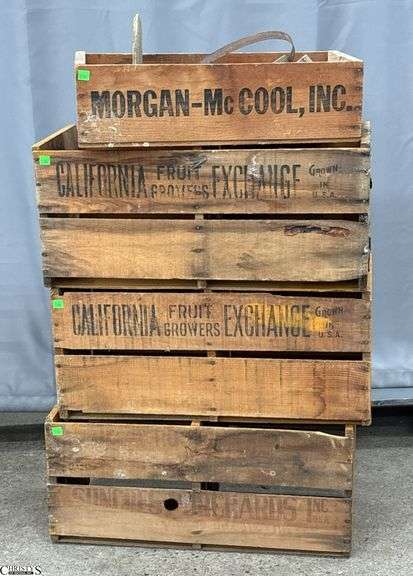 4 Wooden Fruit Advertising Crates -26" x 12" x 11.5" of largest - some wear from age and storage image