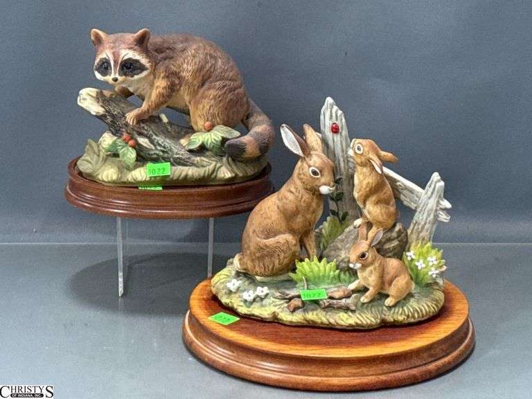 2 Andrea by Sadek Animal Figurines - 8" x 6.5" of largest figurine - one wooden base shows some sun fading image