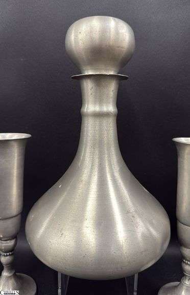 Lunt Silversmith Pewter Decanter With 6 Stems, Some Dents and Wear, Decanter 8.5"