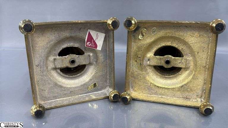 Two Brass Column Style Candle Sticks With Square Bases 16.5"