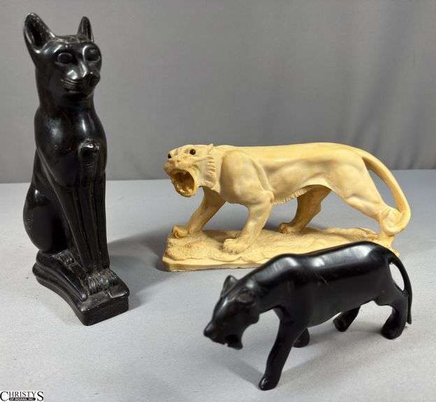 3 Animal Figures- Snarling Mountain Lion / Cougar (10" X 3" X 5 1/2" Tall), 2 9 1/2" Tall Black Egyptian Cat Figure and a 7" Black Panther Figure image