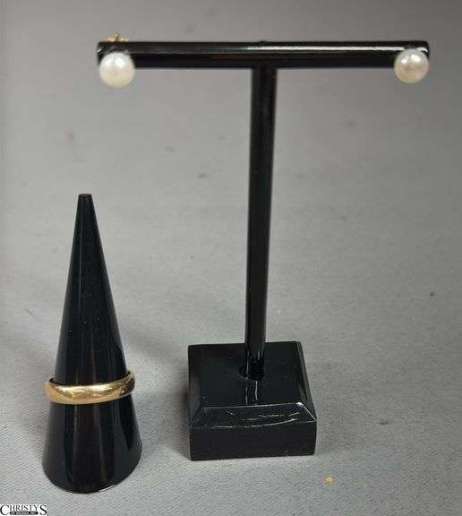 14K Yellow Gold Band and Pearl Earrings Marked 585 image