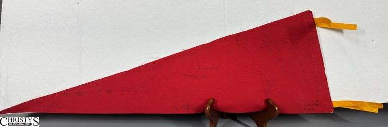 Indianapolis Speedway Autographed Pennant.  Autographs include Jim Nabors, Tom Sneva, Johnny Rutherford, Michael Andretti, Robby Buell, Eddie Cheever, Billy Boat, Rodger Ward, Poncho Carter, Jim Rathmann, Robby Unser, Scott Goodyear and Others