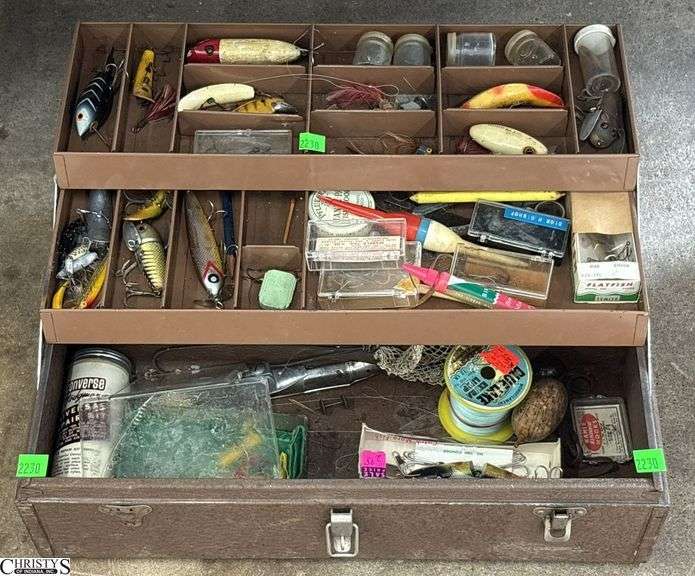 Metal Fishing Tackle Box and Contents - Lures, Hooks, Line, Misc image