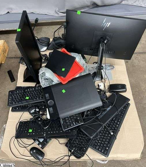 Pallet of Computer Related Items Monitors, Keyboards, Microphones image