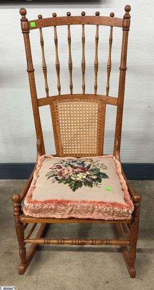 Stick & Ball Cane Back Rocking Chair w/ Needlepoint Cushion - 46" T - 16" seat - one rail is cracked image