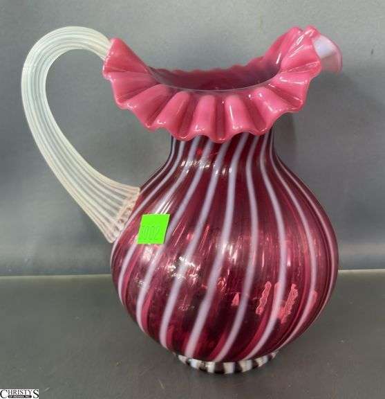 Fenton Cranberry Glass Optic Spiral Swirl Pitcher and Small Cranberry Ruffled Edge Pitcher - 8" of tallest