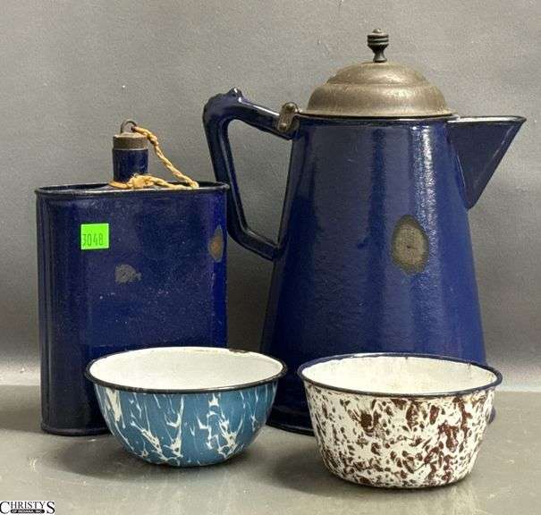 4pcs Blue Enamelware - Coffee Pot, Flask, Swirl Enamel Bowls - 11" of tallest - Some wear, chipping image