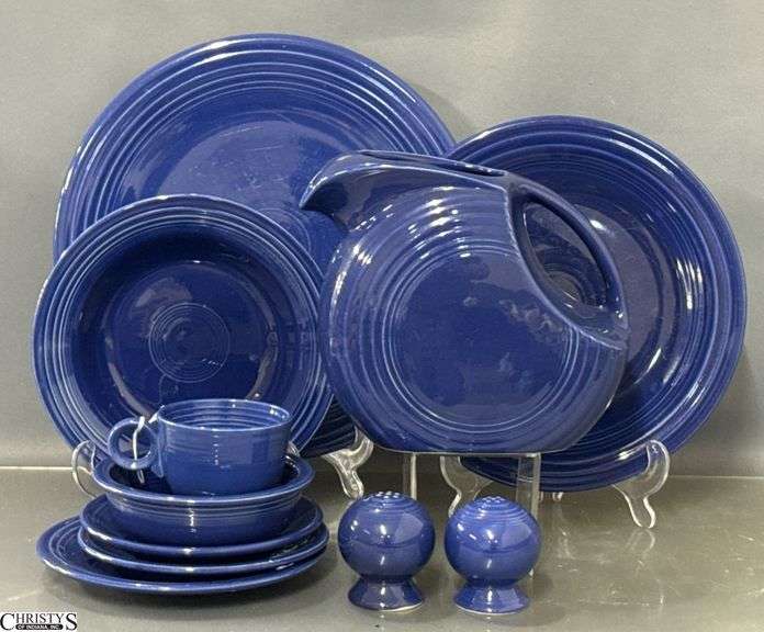 11pcs Fiesta Cobalt Blue Dishes - Charger Platter, Large Disk Pitcher, Plate, Bowls, Salt and Pepper - 12" of largest image