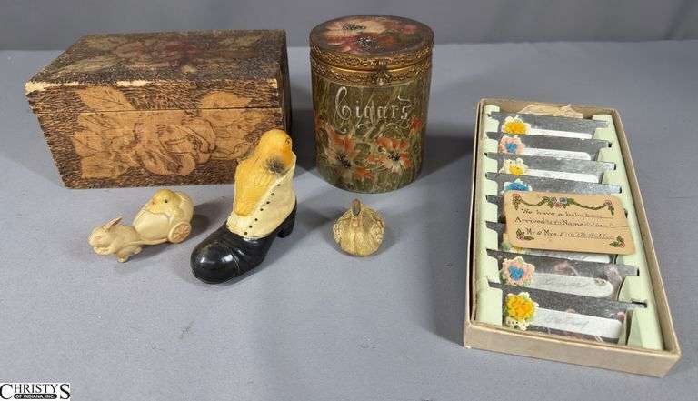 A Box of Mirrored Name Plates, a Ceramic/Metal "Cigars" Lidded Jar, Decorative Wooden Box 6 3/4" X 4 1/2" X 3 1/2" Tall,  and 3 Small Celluloid/Plastic Objects ( rabbit, shoe with bird and a Swan- swan is broken) image
