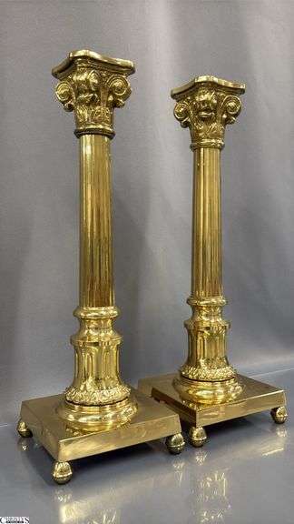 Two Brass Column Style Candle Sticks With Square Bases 16.5"