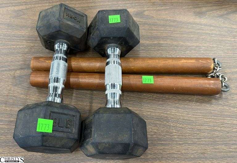 2 8lb Hand Weights and Nunchucks image
