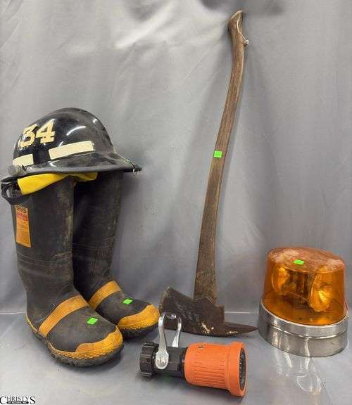 Firefighter Helmet, Boots, Axe, Chief Nozzle, Siren Light - 34" of axe - 12M/13W marked on boots image