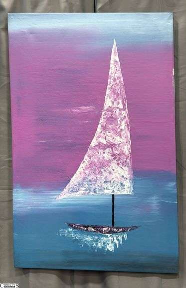 Samuel Tinoco Boat #10, Acrylic Purple and Blue Sky, Measures 35x55"