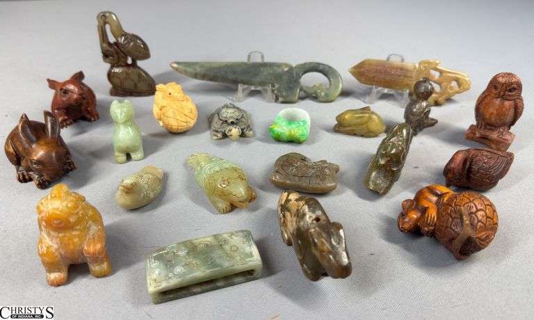 16 Carved Figures / Objects (some jade) and 5 Wooden Carved Animals image