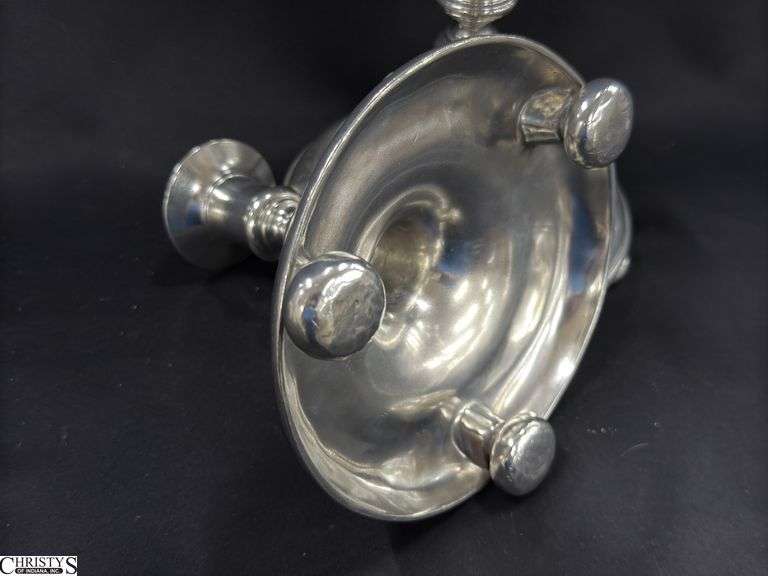 Set Of 4 Pewter Candlestick Holders With Removable Clear Glass Hurricane Shades, Missing One, Bases Are Marked With Stamps. 12.5" Tallest.