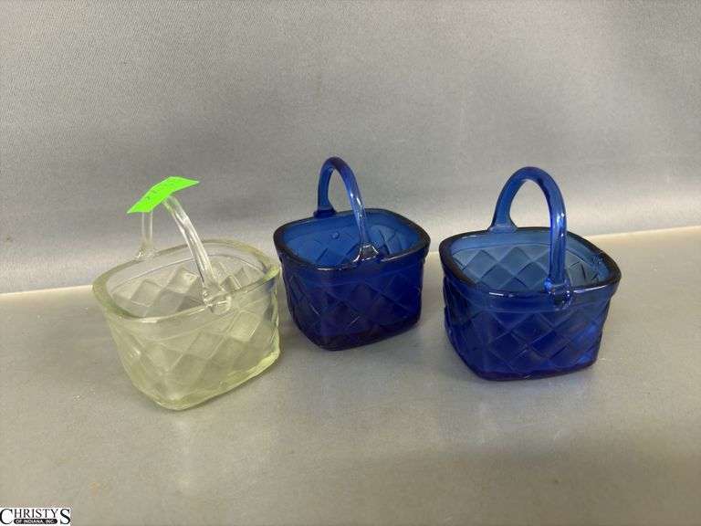 Green UV Reactive Depression Basket, Milk Glass, Blue and Tallest 10"