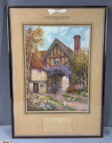 'A Tavern In Our Town' 1945 Calendar Page with Artwork from British Painter Arthur Claude Strachan (1865-1938) Framed Under Glass 15" X 21"  Baltimore and Ohio Railroad Young Men's Christian Association Willard, Ohio image