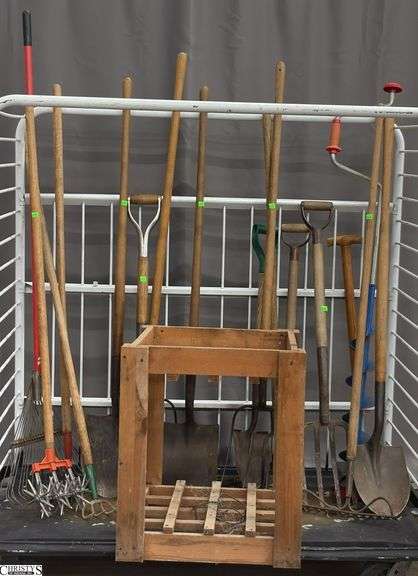 Long Handled Tools, Shovels, Pitchforks, Hand Auger, Misc - CART NOT INCLUDED image