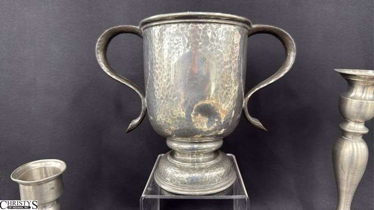 4 Weighted Pewter Candle Holders, Rough Shape Double Handle Trophy Style Cup, One Is Damaged Tallest 8.25"