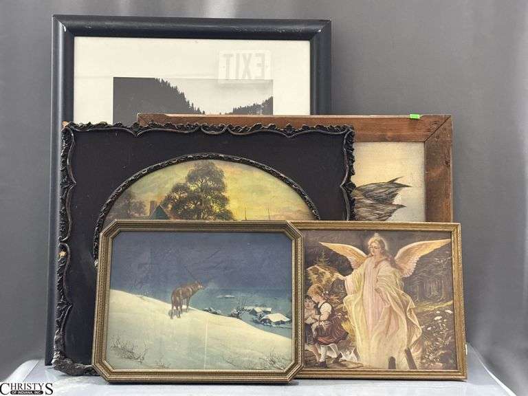 5pcs, Framed Art Prints and Painting, Wear to The Frames, One Has Been Repaired, Largest 26x32" image