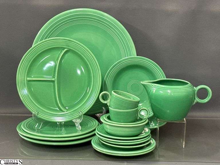 18pcs Fiesta Green Dishes - Charger Platter, Plates, Saucers, Bowls, Cups, 2 Pint Pitcher- 14" of largest image
