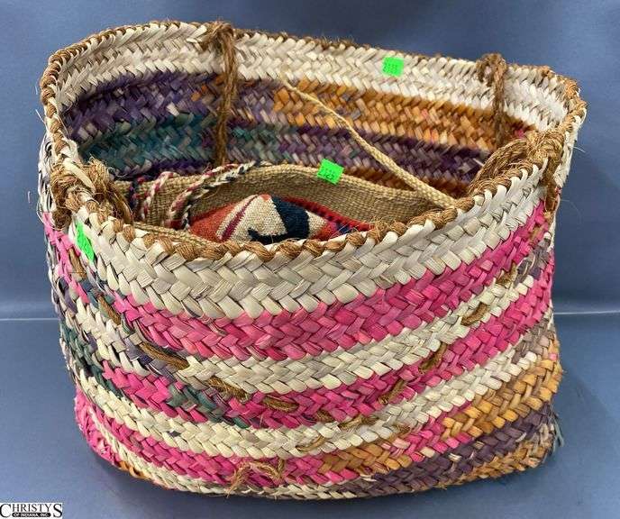 3 Woven South American Style Basket Bags - 15" x 14" of largest, some wear, damage image