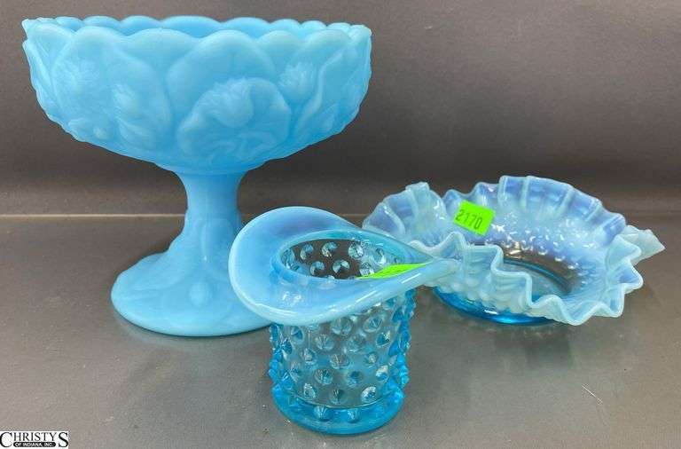 Fenton Glass Lilypad Pedestal Dish, Fenton Opalescent Hobnail Dish and Toothpick holder - 6" x 5" of lilypad dish image