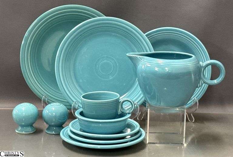 11 pcs Fiesta Turquoise Dishes - Plates, Salt and Pepper, Bowl, 2 Pint Pitcher- 10" of largest plate image