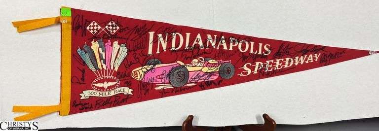 Indianapolis Speedway Autographed Pennant.  Autographs include Jim Nabors, Tom Sneva, Johnny Rutherford, Michael Andretti, Robby Buell, Eddie Cheever, Billy Boat, Rodger Ward, Poncho Carter, Jim Rathmann, Robby Unser, Scott Goodyear and Others