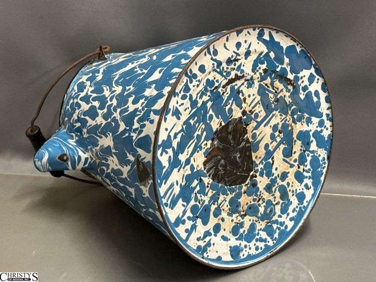4 Blue and White Enamel Swirl Large Coffee Pot, Milk Jug, 2 Coffee Pots - Some wear/chipping - 12" of tallest