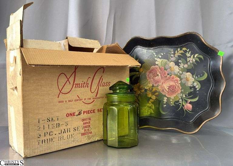 Vintage Green Smith Glass Canister Set in Box, Toleware Style Tray 21x18" image