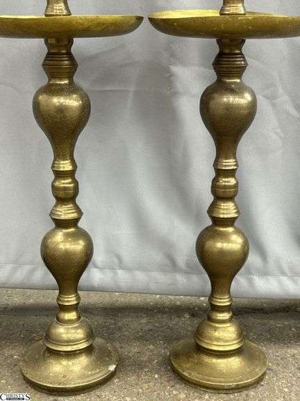 Pair of Brass Candle Sticks With Drip Trays 37"