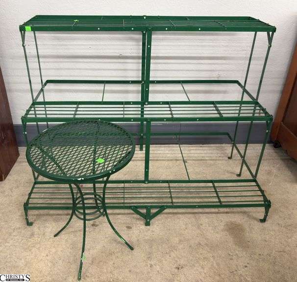 Green Metal 3 Tiered Plant Stand & Small Green Metal Stand/Table - 39.5" x 24" x 29" of tiered stand image