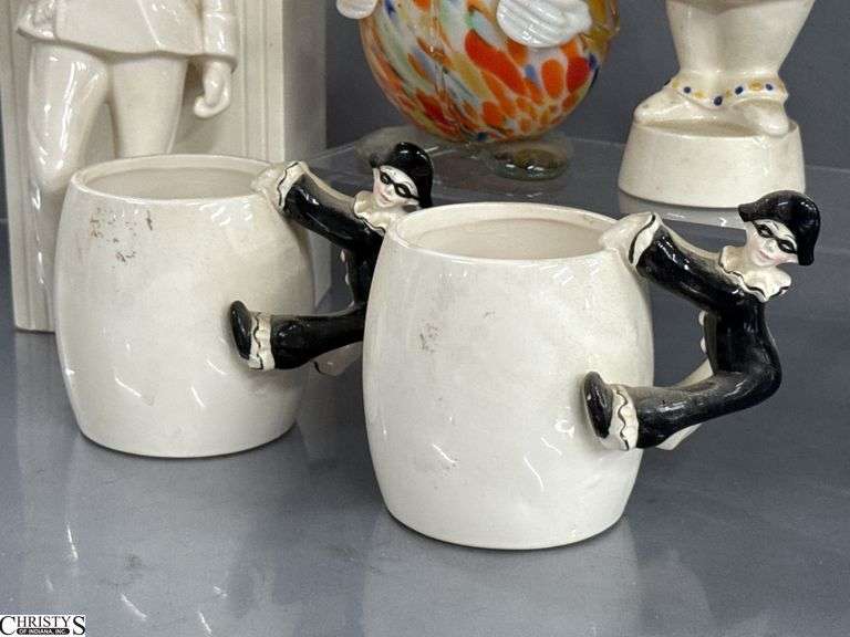 Vintage Black & White Pierrot Clown/Mime Mugs, Sigma Taste Setter Art Deco Vase, Art Glass Clown Decanter, Vandor Imports Clown Bottle