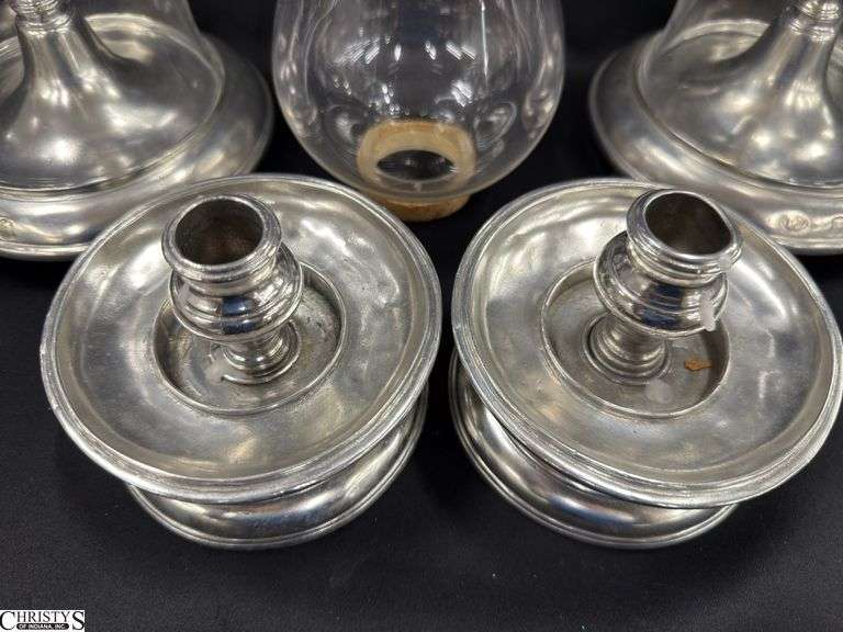 Set Of 4 Pewter Candlestick Holders With Removable Clear Glass Hurricane Shades, Missing One, Bases Are Marked With Stamps. 12.5" Tallest.
